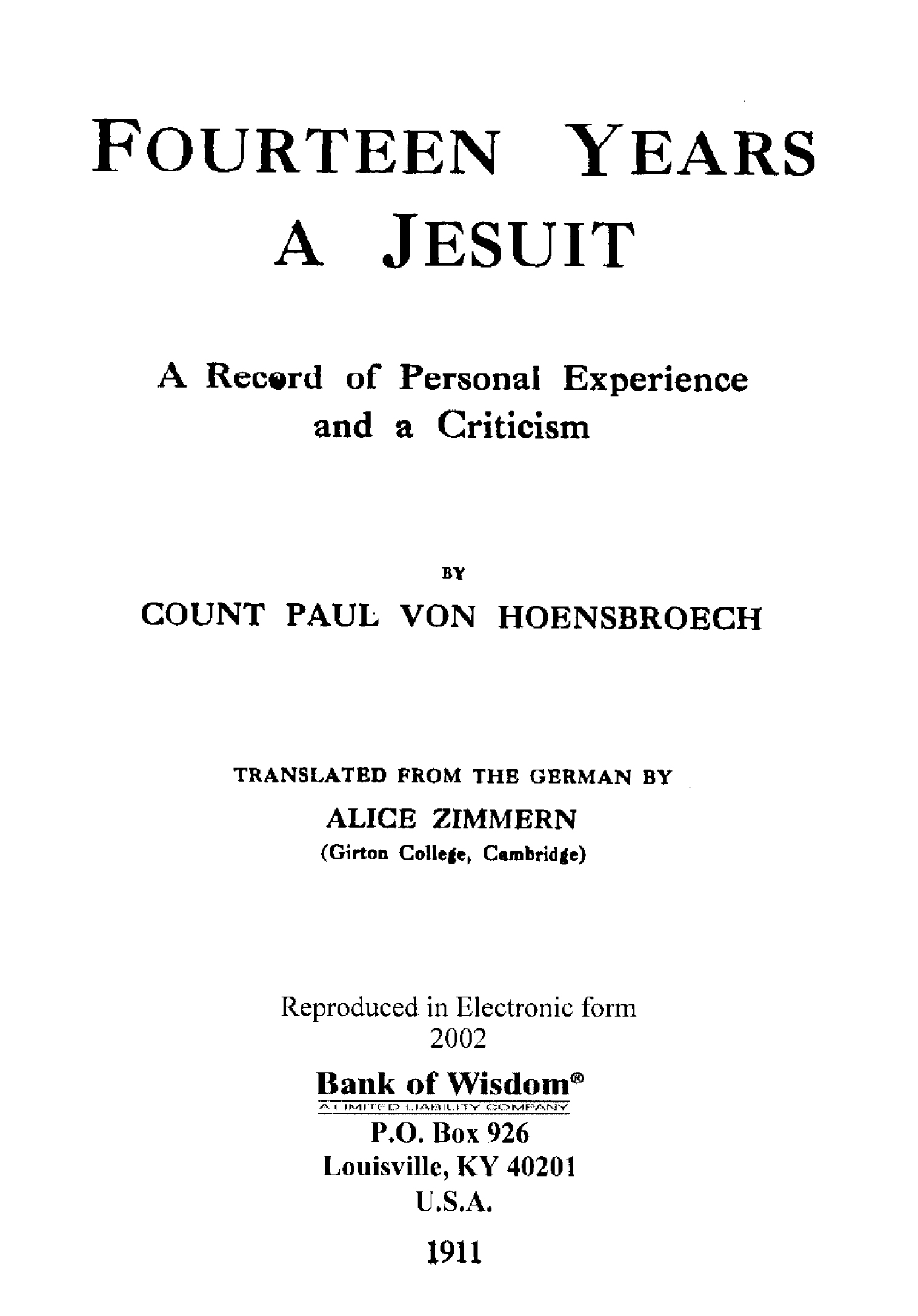 (image for) Fourteen Years A Jesuit, Vol. 2 of 2 Vols.